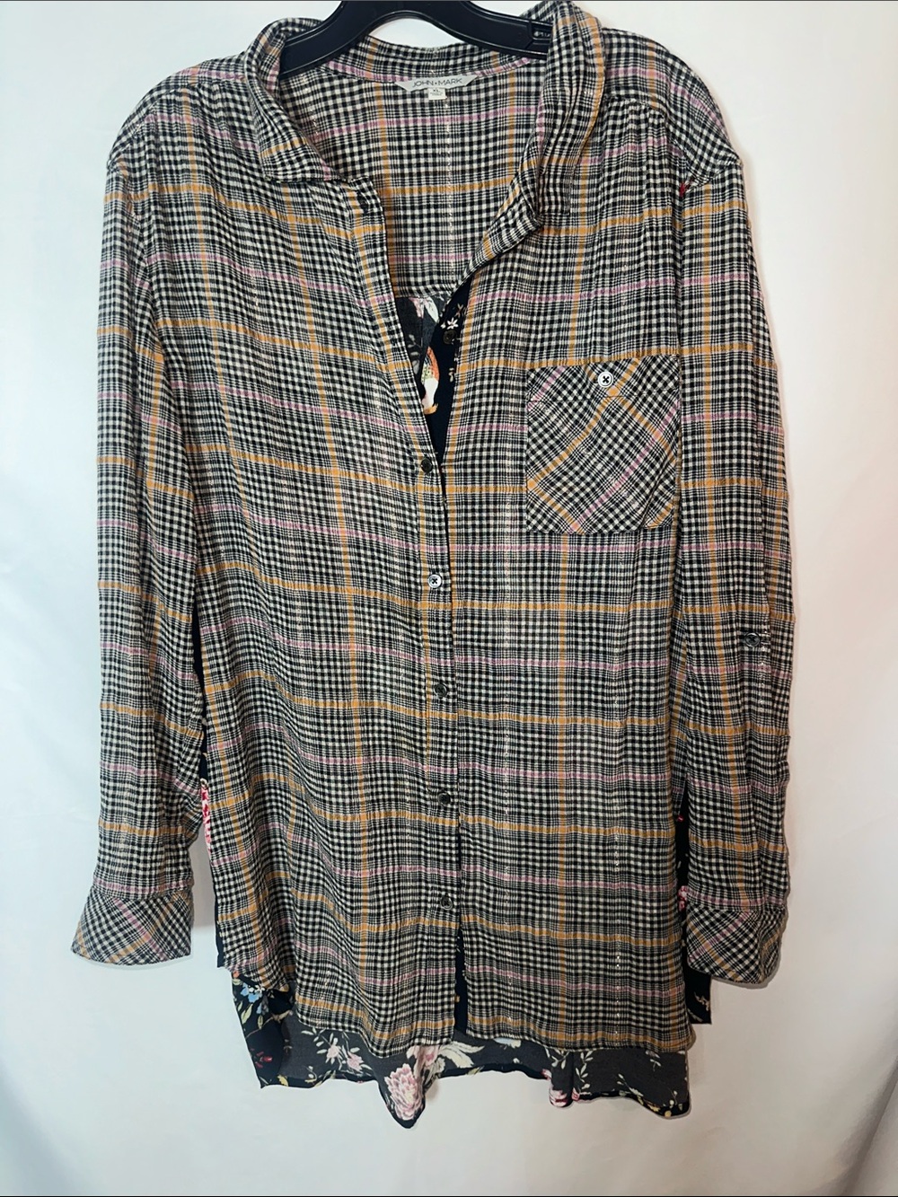 John Mark women’s Plaid Button-Down Shirt - Black, Tan, Pink with floral on back
